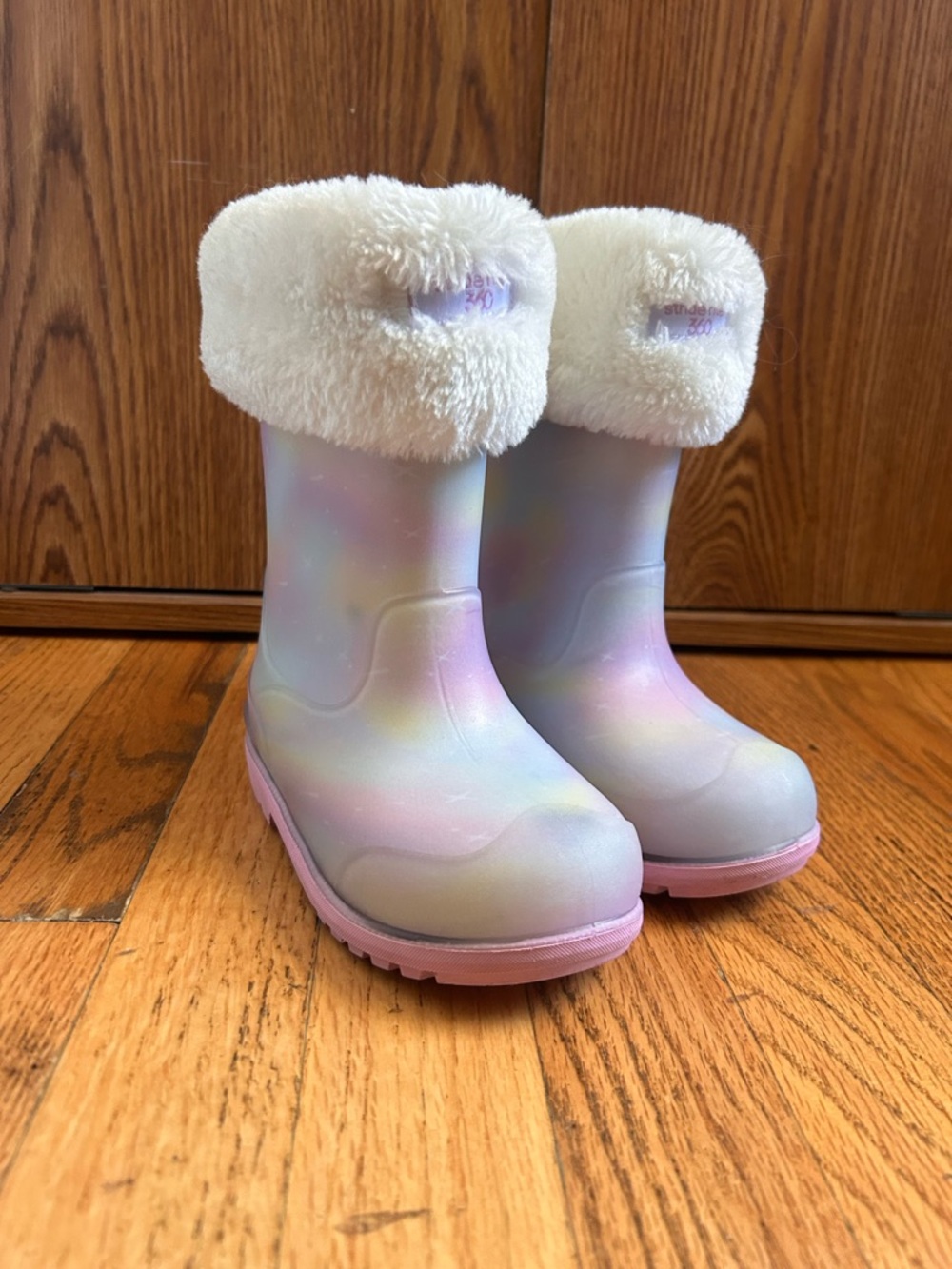 Stride Rite Iridescent Pastel Rain Boots with White Plush Cuff - Pink Sole